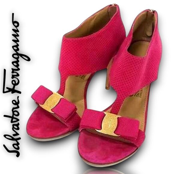 Salvatore Ferragamo Hot Pink Suede Open Toe Bow Accent Stiletto Heels Size 5.5 C - Picture 1 of 10